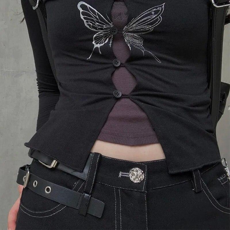 2KWEIRD Gothic Butterfly Print T-shirt Grunge Fairycore Hollow Out Crop Tops Japanese Harajuku Slim Tshirt Y2k Aesthetics Dark