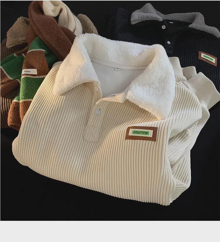 Мужская вельветовая толстовка с воротником-поло, осенне-зимний стиль, плюс бархатная утолщенная куртка из овечьей шерсти для подростков в гонконгском стиле