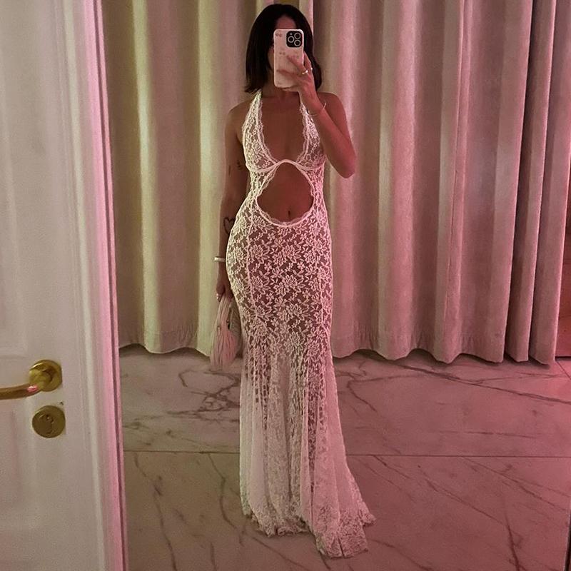 White Hollow Out Sexy See Through Dress For Women Sleeveless Slim High Waist Patchwork Backless Beach Long Dresses Lady Elegant Evening Dress Femme