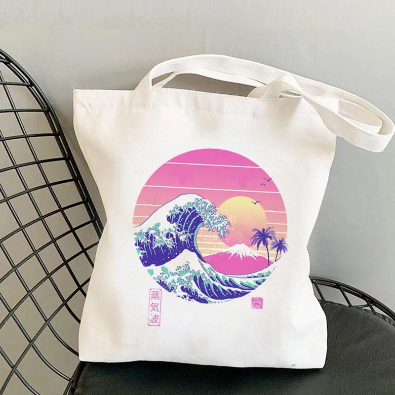 Сумка-шоппер The Great Retro Wave с розовым принтом Kawaii Bag Harajuku, женская сумка для покупок, холщовая сумка-шоппер для девочек, женская сумка на плечо