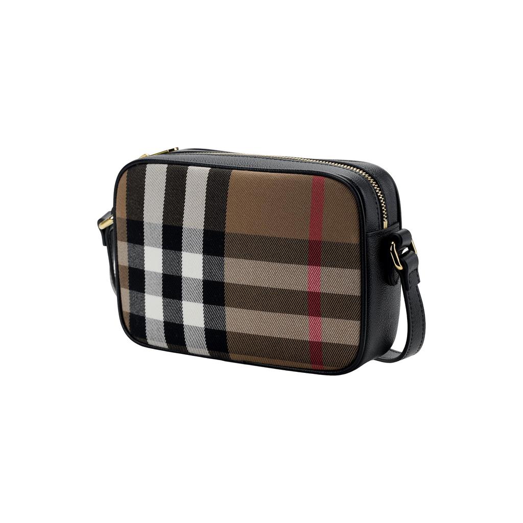 Burberry Проверьте застежку-молнию Кожаная сумка для камеры Женская сумка через плечо Коричневый Черный 80850801