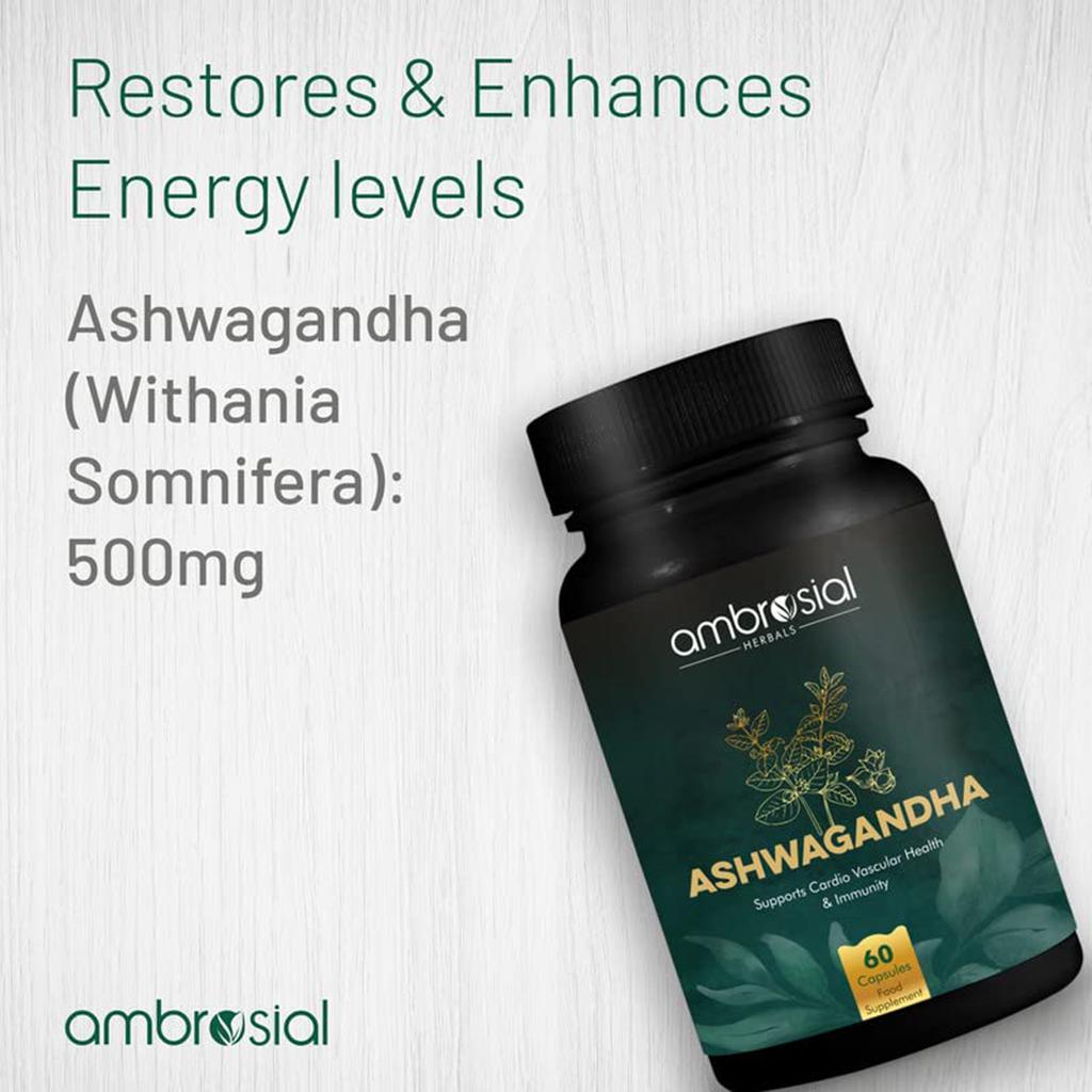 Ambrosial Ashwagandha Capsules 500 мг на капсулу | Высокоэффективный порошок корня ашваганды | Травяная добавка с поддержкой иммунитета (Пакет из 1)