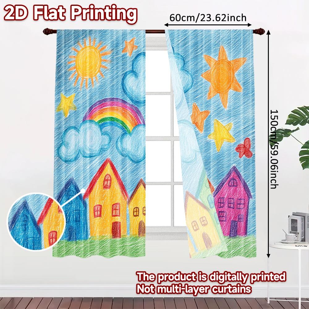 Набор из 2 штор с плопечатаным пейзажем, разноцветная солнечная деревня, полиэстеровые шторы с цифровой печатью, для использования на вечеринке по случаю дня рождения, штора для мероприятия