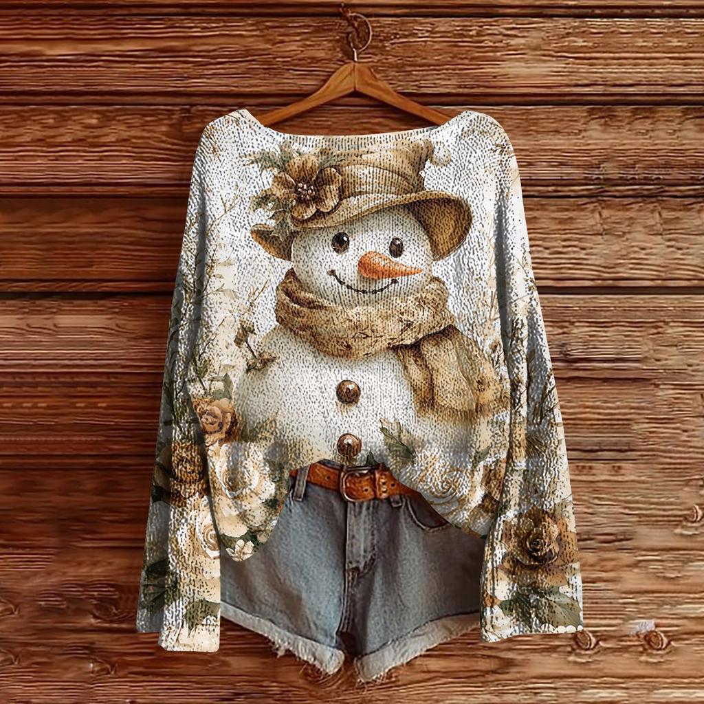 Women's Christmas Print Lightweight Sweater Casual Long Sleeve Knitted Pullover