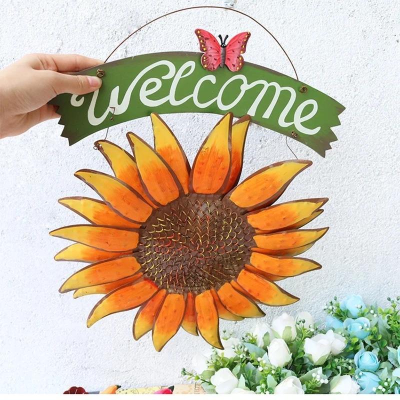 Garden Creative Living Room Wall Decorations WELCOME Sun Flower Pendant European Style Iron Mural Farmhouse Decor