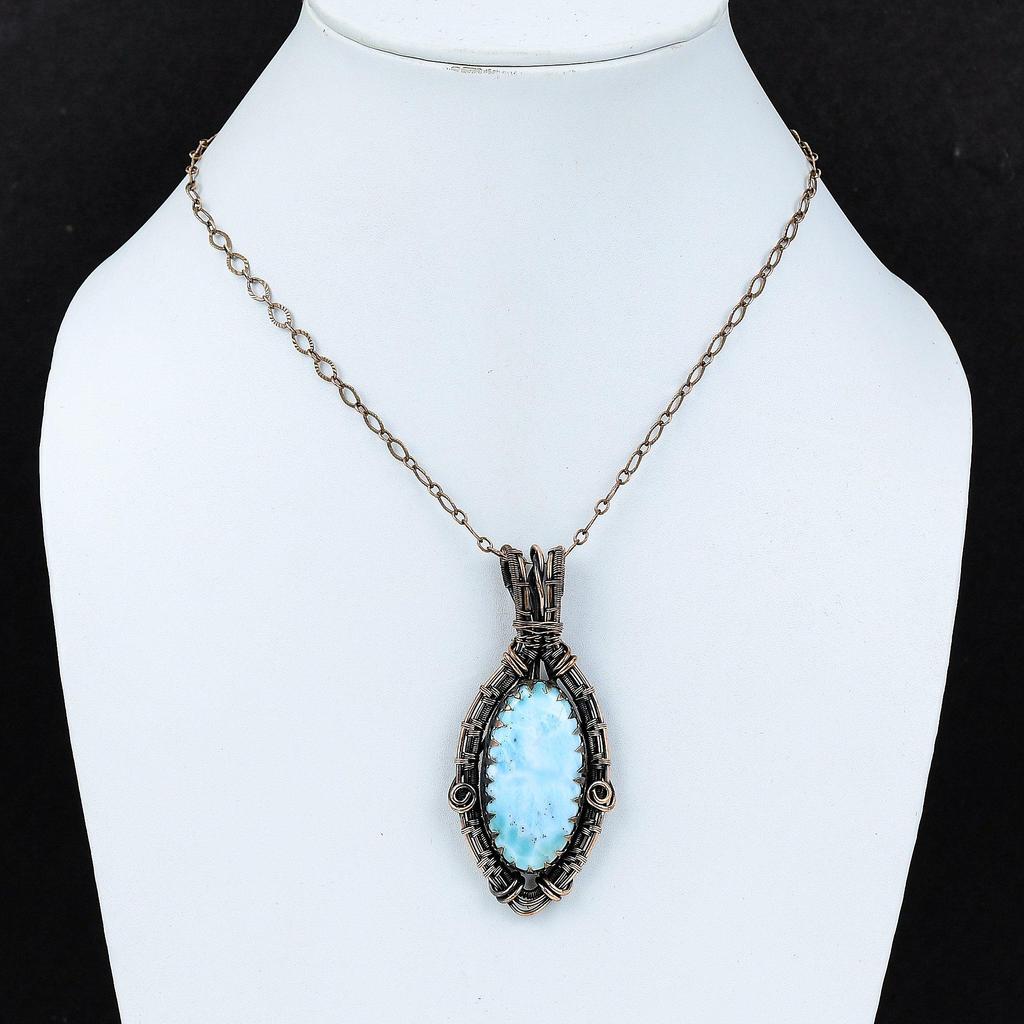 Причудливый кулон драгоценного камня Ларимар чистая медная проволока обернутая ювелирные изделия ручной работы для подарка