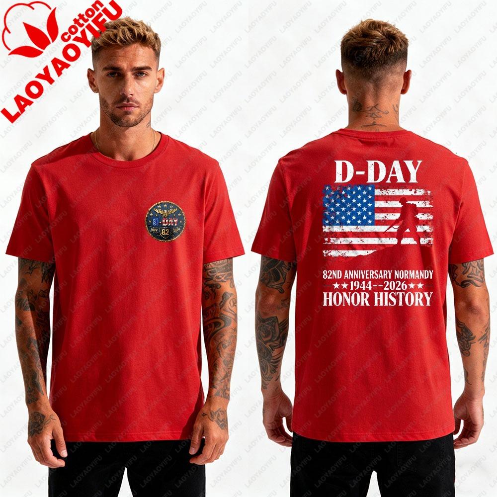 Men DDay 82nd Anniversary 19442026 TShirt Normandy Honor History US Flag Soldier Print DoubleSided Casual Cotton Tee Tops