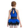 Girls Dance Costume Turn-Down Collar Sleeveless Sheer Mesh Keyhole Back Shiny Sequins Feather