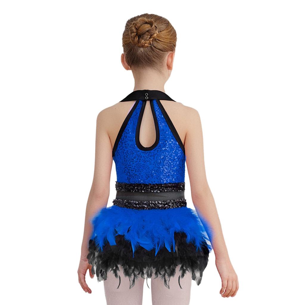Girls Dance Costume Turn-Down Collar Sleeveless Sheer Mesh Keyhole Back Shiny Sequins Feather