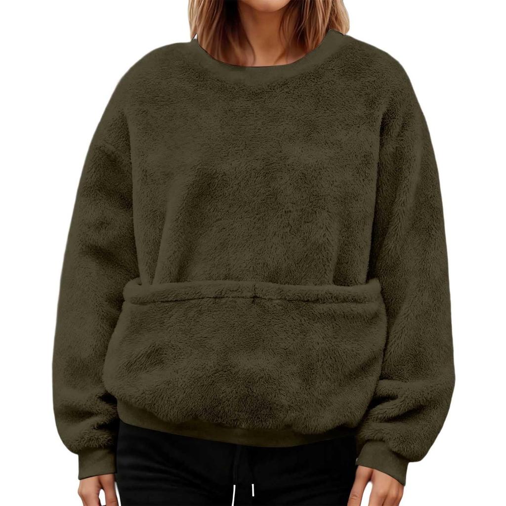 Women's Fashionable Solid Color Round Neck Long Sleeved Pocket Sports Shirt Plush Hoodie Top
