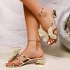Дизайн бренда Сандалии с имитацией бабочки для женщин Лето 2025 Золотые с перекрестными ремешками Низкий каблук Шлепанцы Богемные туфли для платья