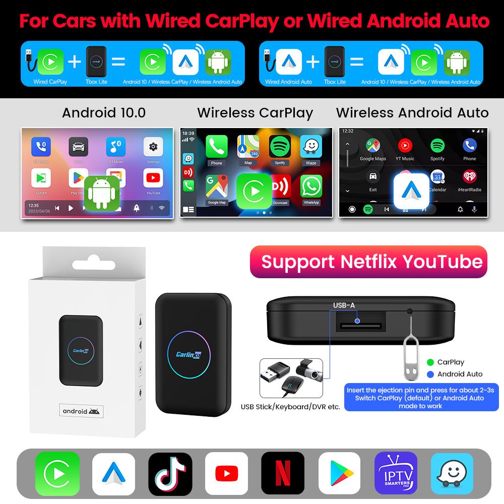 2026 CarlinKit LITE S Android TV Box Wireless Carplay Android Auto For Youtube Netflix Iptv HD Output 5GHZ WIFI Plug And Play
