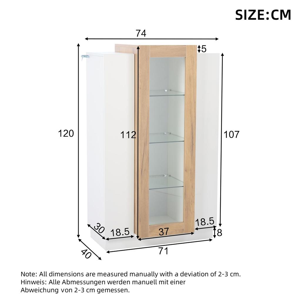 120cm, Transparente Vitrine Hochglanz LED, Bücherschrank 3 Türen & 3 Glasablagen, Hochschränk Standvitrine Wohnzimmer Schlafzimmer Büro,