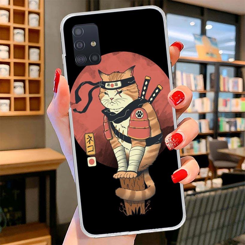 Ramen Sushi Samurai Tattoo Cat Cover Phone Case For Samsung Galaxy A12 A22 A32 A52 A72 A02S Phone Case Note 20 Ultra 10 S10 Plus