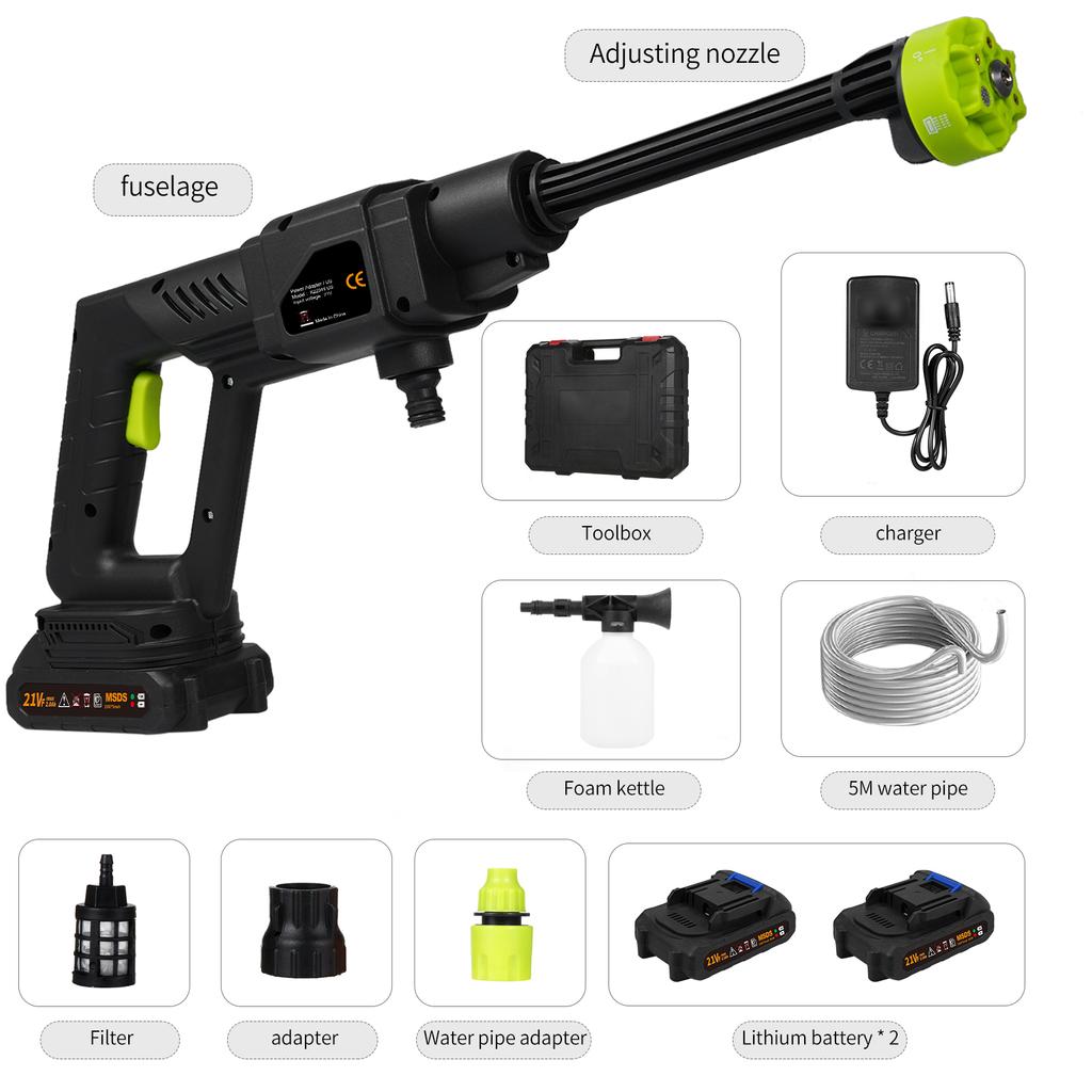 Ручная мойка высокого давления Портативный мощный пистолет для мойки автомобилей 21 В с 2 перезаряжаемыми аккумуляторами 1500*10 мАч