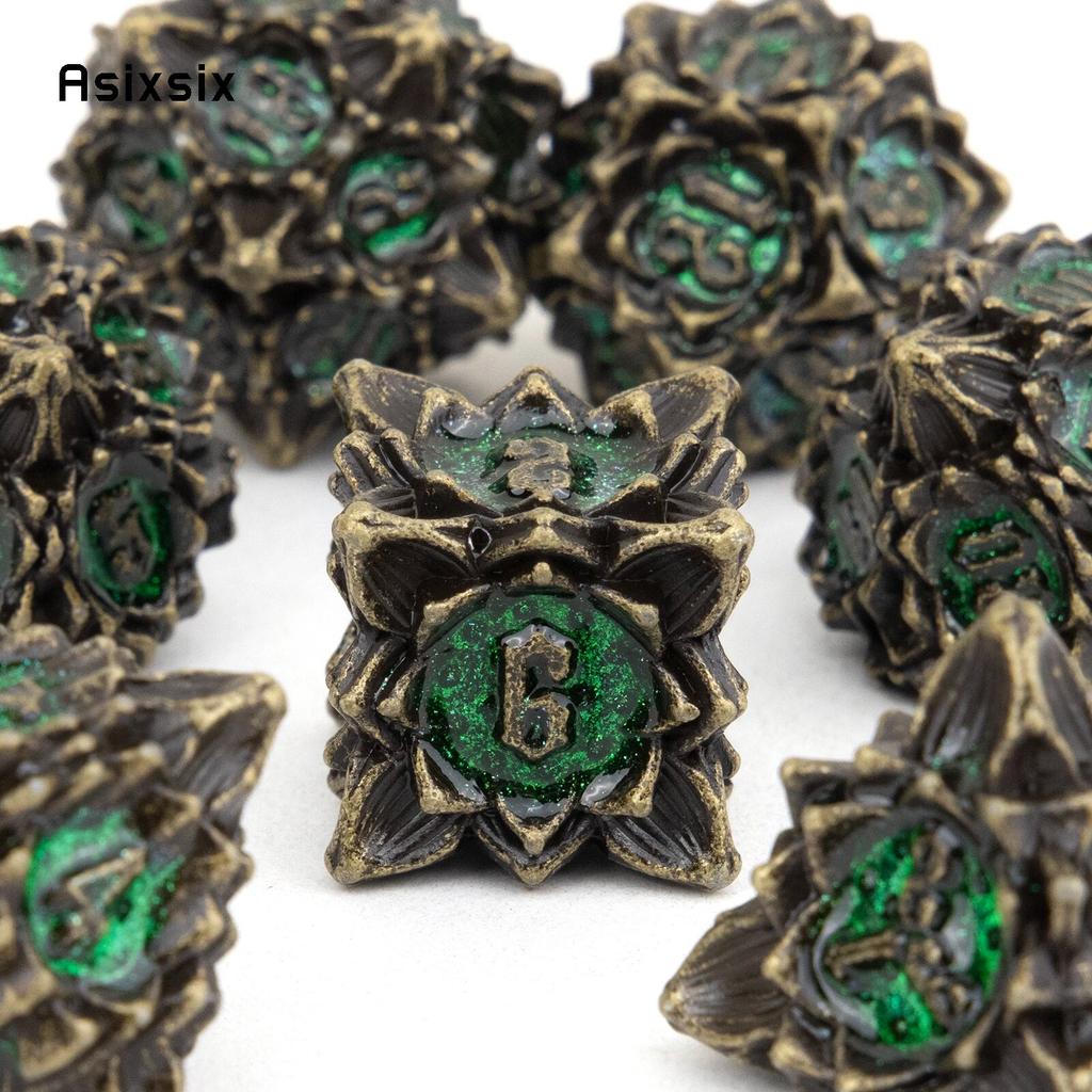 7 Pcs Copper Green Lotus Flower Metal Dice Solid Metal Polyhedral Dice Set Suitable for Role-Playing RPG Board Game Card Game