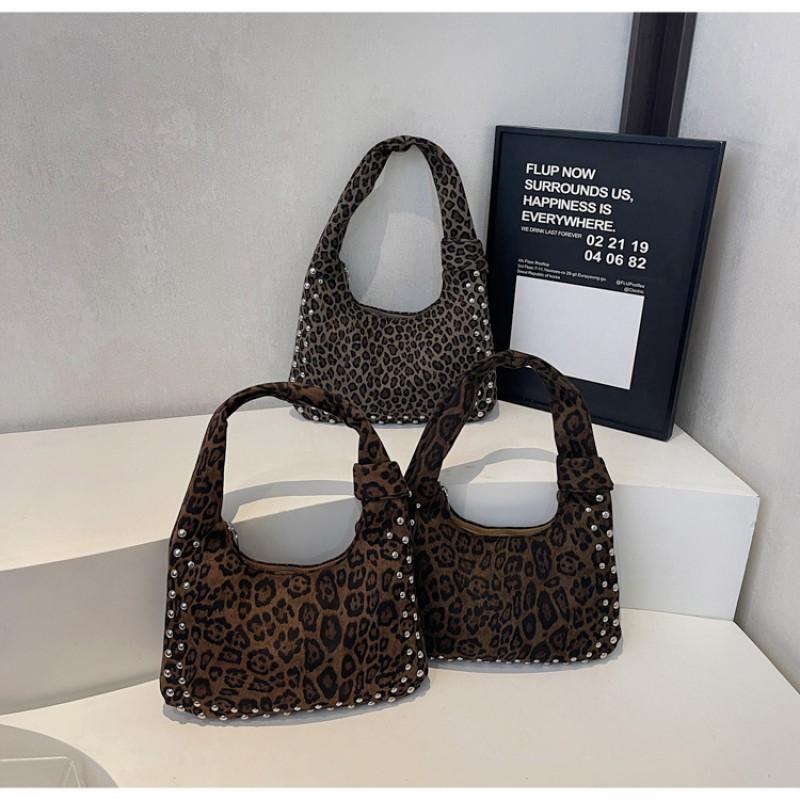 Womens Leopard Print Rivet Square Crossbody Bag Small Shoulder Handbag Winter Fashion Accessory