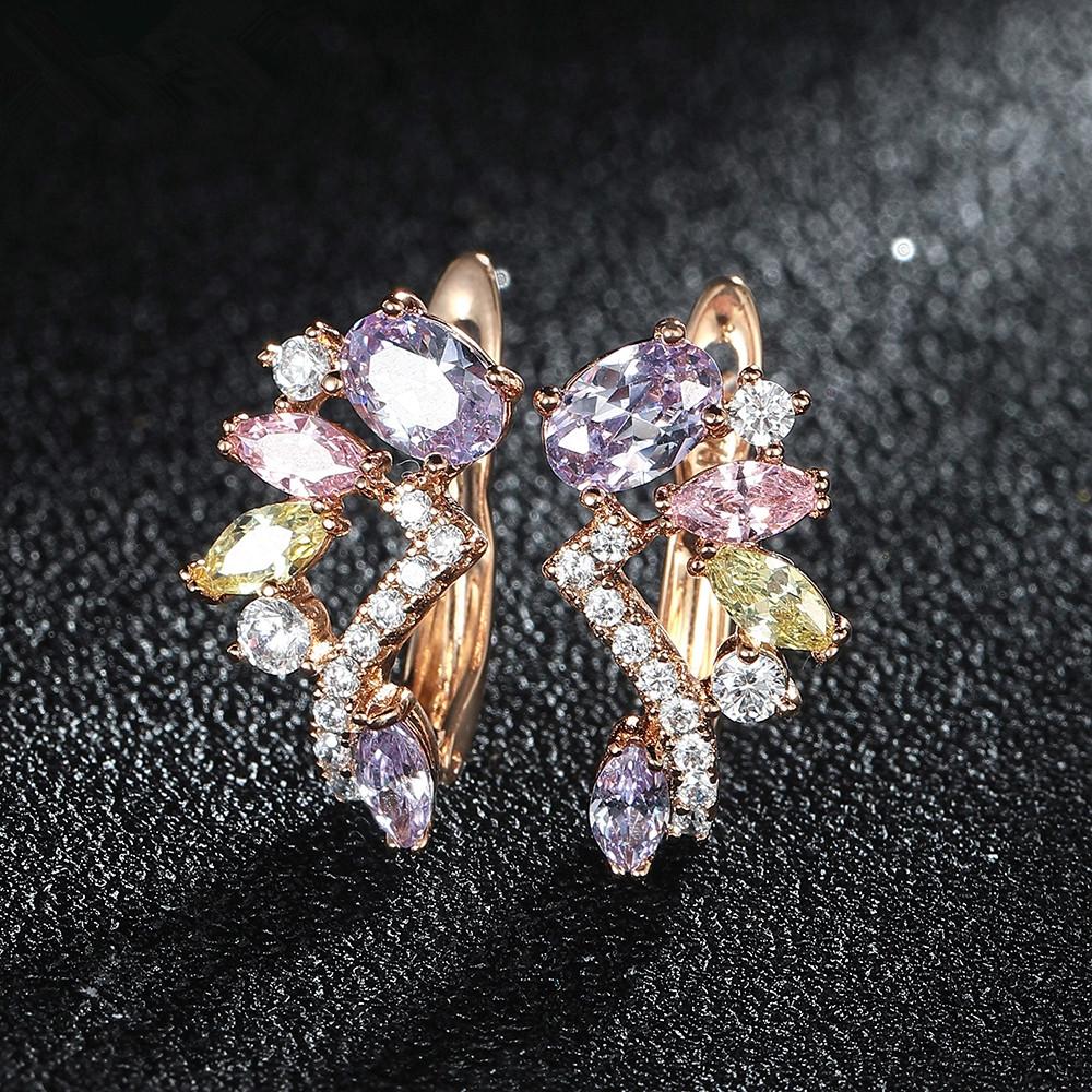 1 Pair Rose Gold Color Multicolor Birthstone Dangle Earrings Marquise Cut Red Purple Olive Green Stone Ear Drop Flower Leaf Earrings Delicate Jewelry