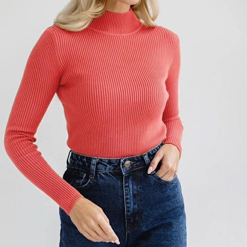 Женский осенне-зимний однотонный свитер с высоким воротником и длинными рукавами, облегающие вязаные топы