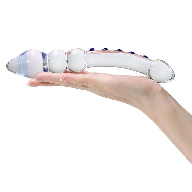 Двусторонний кристально-белый пирекс-стеклянный дилдо Искусственный пенис Гранулированный Спиральный массажер точки G Взрослая игра Секс-игрушки для женщины гея