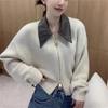 Autumn and Winter Women's Sweater Leather Collar POLO Collar Splicing Knit Cardigan Zipper Lazy Wind Jacket
