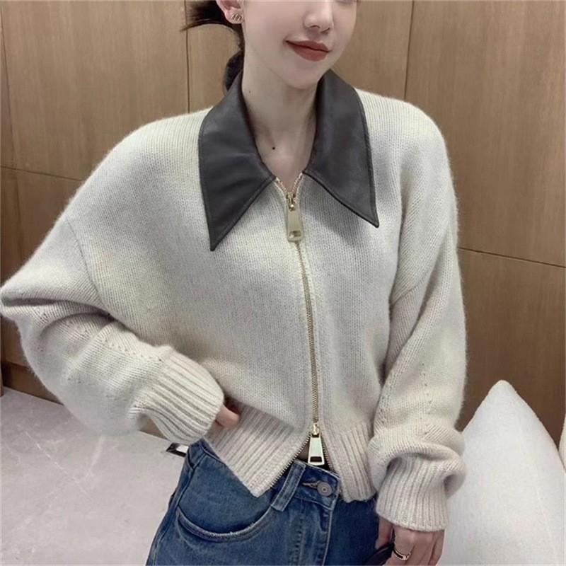 Autumn and Winter Women's Sweater Leather Collar POLO Collar Splicing Knit Cardigan Zipper Lazy Wind Jacket