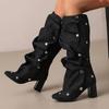 Plus Size Denim Fashionable Rivet Thick Heel Side Zipper Knee High Boots With Round Metal Buckle British Punk Style Women's Shoe