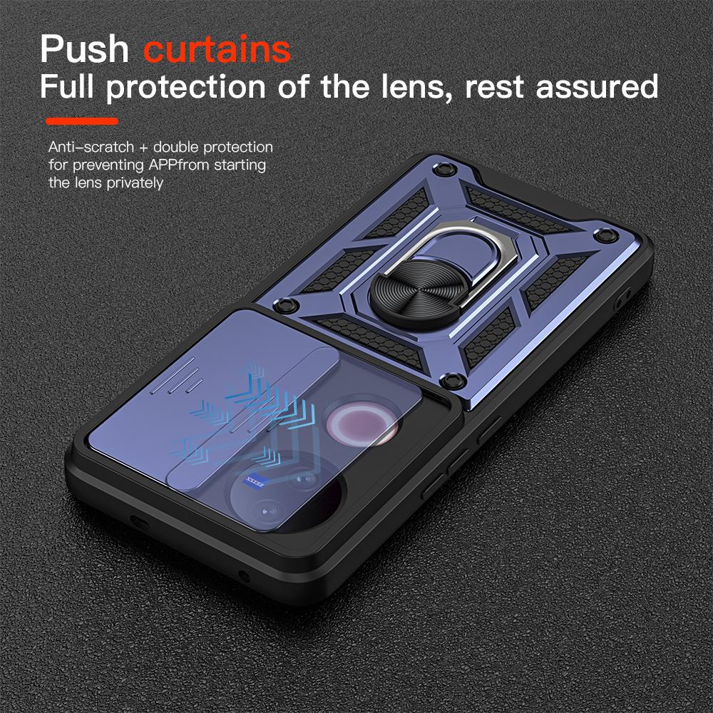 KEYSION Shockproof Armor Case for VIVO V50 5G Slide Camera Lens Protection Metal Ring Stand Phone Back Cover for VIVO V50 5G