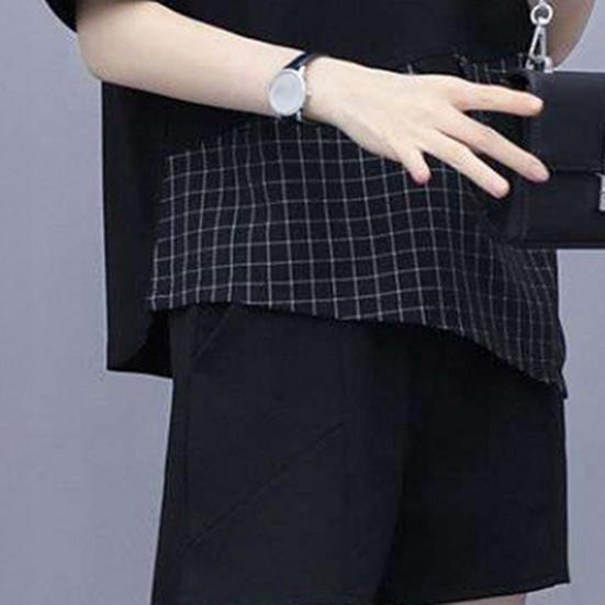 Женский летний комплект из двух предметов: свободный топ с короткими рукавами и круглым вырезом в клетку, широкие шорты, повседневный спортивный костюм для отдыха