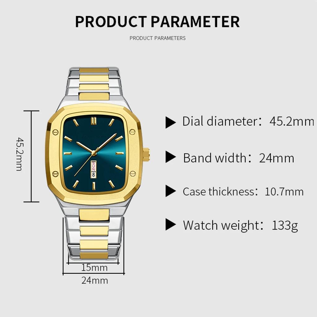 Men Square Stainless Steel Strap Watch Quartz Week Calendar Simulated Business Sports Wristwatch