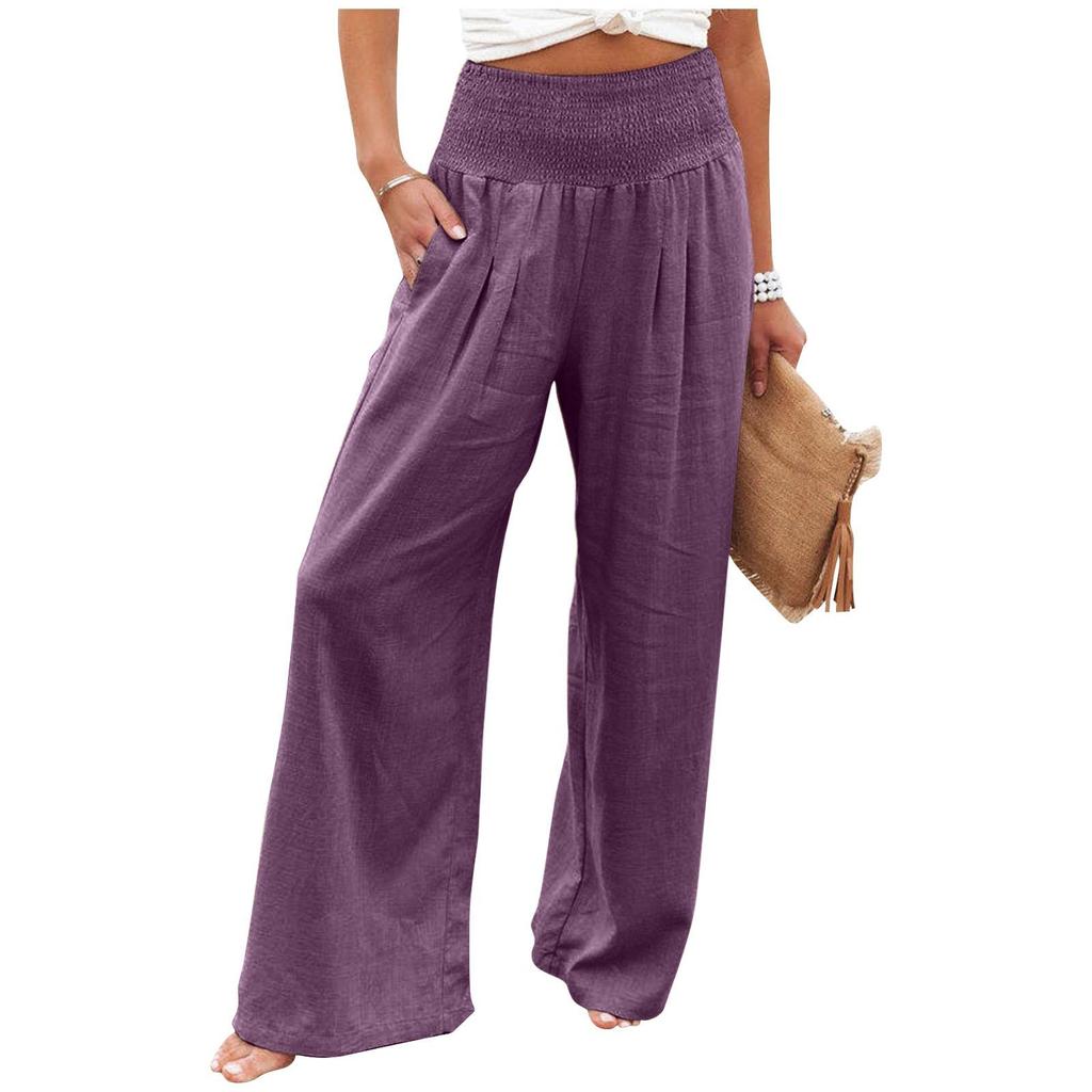 Women's Casual Loose High Waist Cotton Linen Wide Leg Long Pants With Pockets