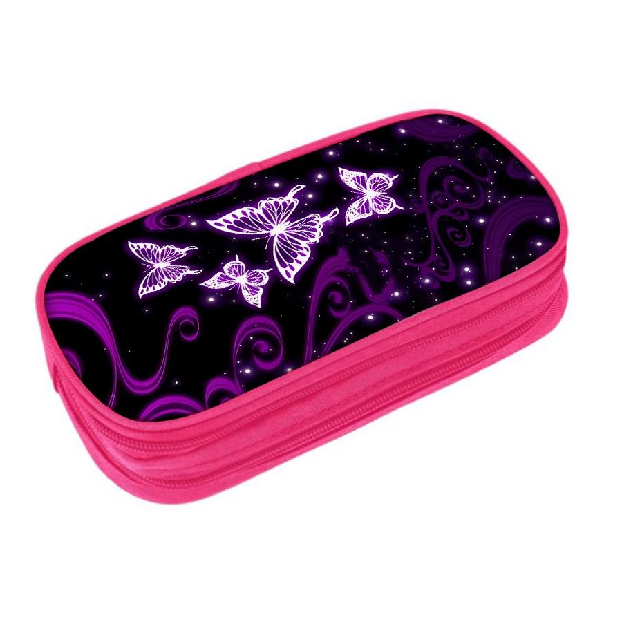 Purple Butterfly Pattern 3D Cartoon Pencil Case Multifunctional Double Layered Leather Pen Case Best Gift for Boys and Girls