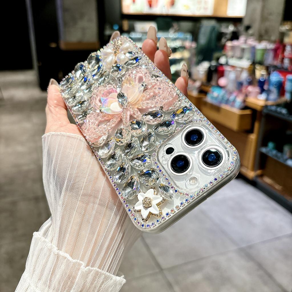 For iPhone 16 Pro Max Case Glass Rhinestone Decor Butterfly Pattern TPU Phone Back Cover