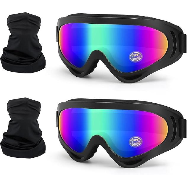 Motorcycle Goggles Kids, 2 Pack Dirt Bike ATV Motocross & Ski Goggles, Off Road Riding Glasses For Child, Anti-UV Dust Airsoft Glasses For Men Women
