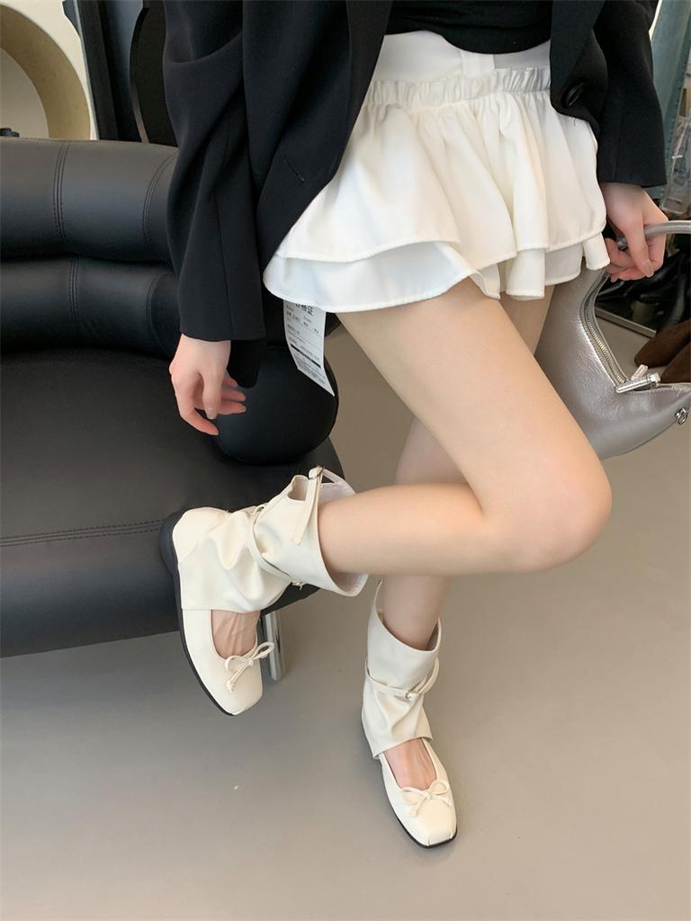 [Версия из овчины] Корейские кожаные ботинки-чулки балетки с бантом женские туфли Мэри Джейн одиночные ботинки длинные ботинки высокие ботинки