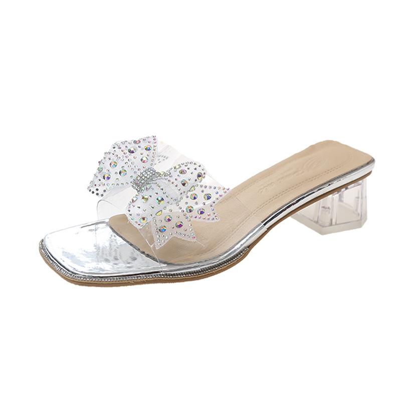 Women Crystal Chunky Sandals New Summer Sexy Fashion Bows Shining Open Toe Sandals Women Design Outdoor High-heeled Slippers