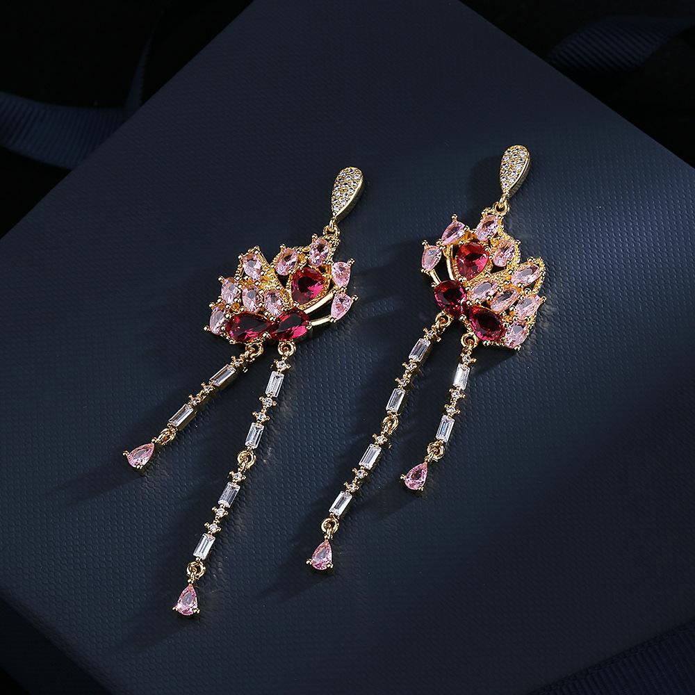 925  Temperament Long Butterfly Tassel Drop Earrings Pink Red Cubic Zirconia Trending Gold Color Women Jewelry Gift