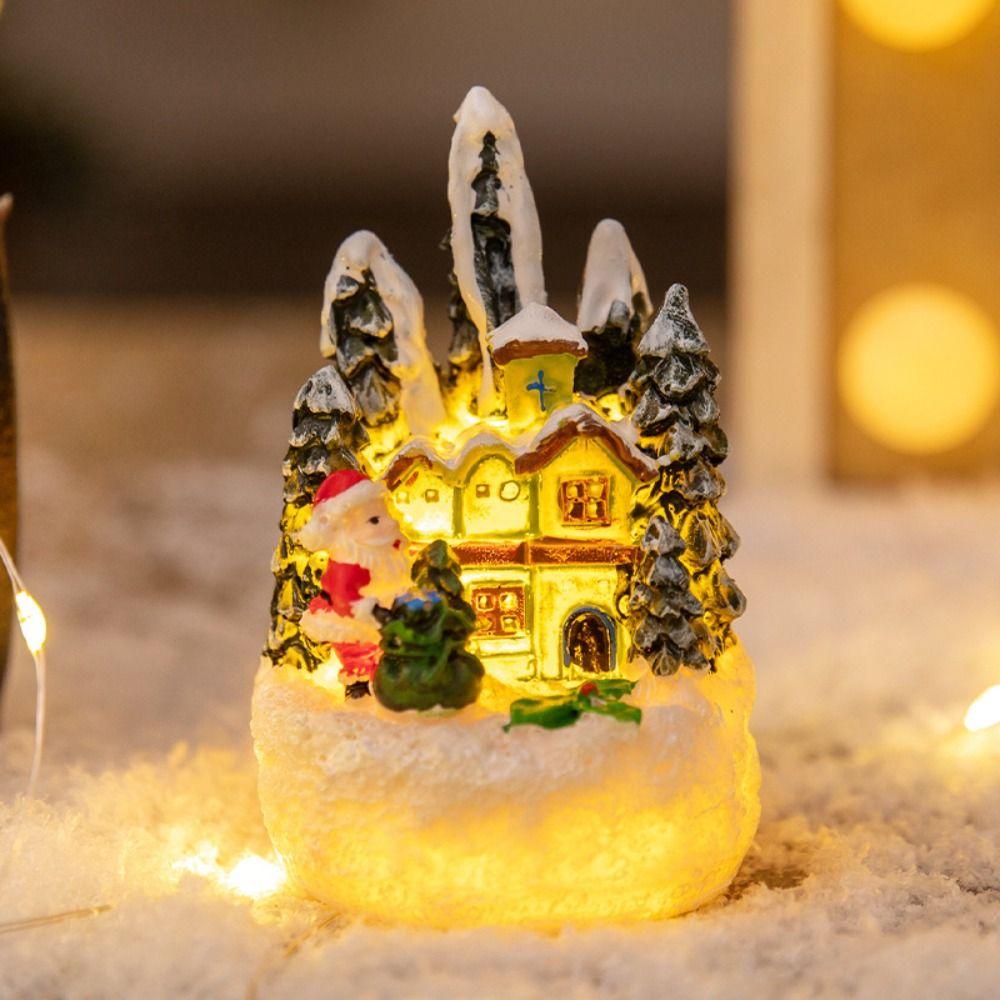 Resin House Statue Light Creative Santa Claus Snowman Lamp Miniature Figurine Sculptures  Festival