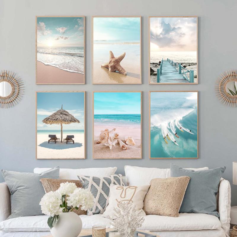 Bridge Leaves Turtle Seagull Wall Art Print Painting Beach Sea Ocean Canvas Poster Vibrant Summer Picture Nordic Home Decoration
