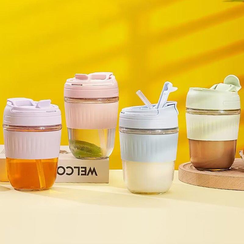 Портативная стеклянная бутылка для воды объемом 350/500 мл с соломинкой, кофейная кружка, чайная чашка, питьевая посуда, герметичная питьевая чашка для путешествий на открытом воздухе