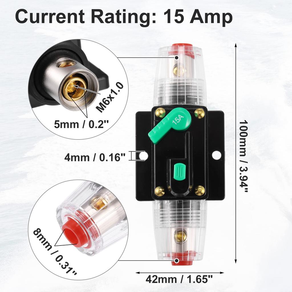 uxcell Автомобильный автоматический выключатель с ручным сбросом, встроенный держатель предохранителя, защита постоянного тока 12 В - 48 В 15 А, черный, зеленый, 2 шт.
