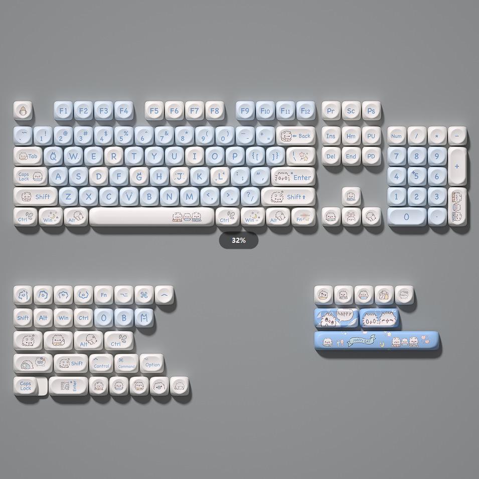 Набор колпачков для клавиш Ice Cream Bear Cute Blue Keycaps Set - сублимированный, 75-98 клавиш, полный набор для механических клавиатур