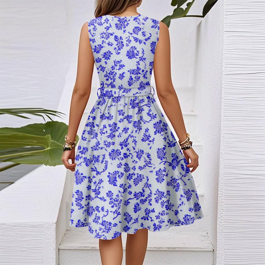 Women's Spring And Summer Casual V-Neck Sleeveless Waist Floral Print Midi Dress