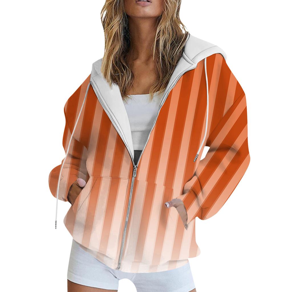 Women's Long Sleeve Print Sweatshirt Long Sleeve Pocket Jacket Zipper Hoodie Coat