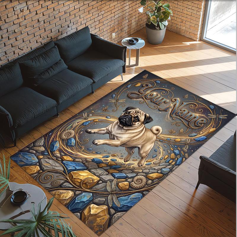 Pug Theme Crystal Velvet Floor Rug Personalized Custom Name Text Warm Carpet Home Decoration