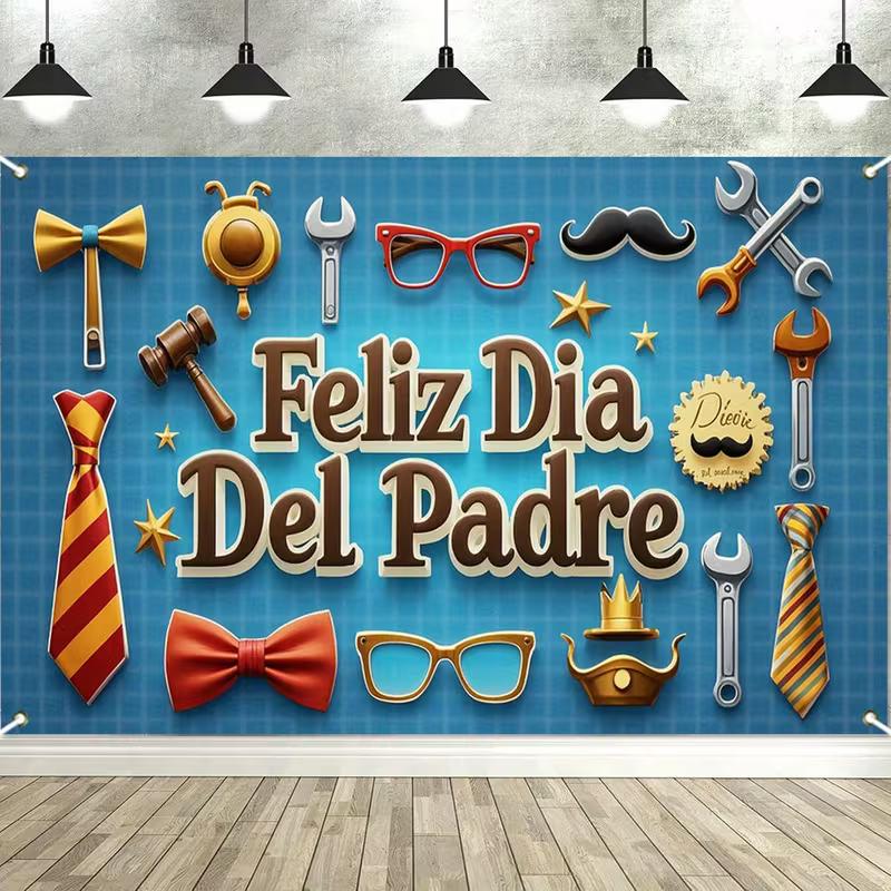 Мужской гобелен ко Дню отца, синий «Feliz Dia Del Padre» с инструментами, галстуками и аксессуарами, Праздничное настенное искусство для вечеринки