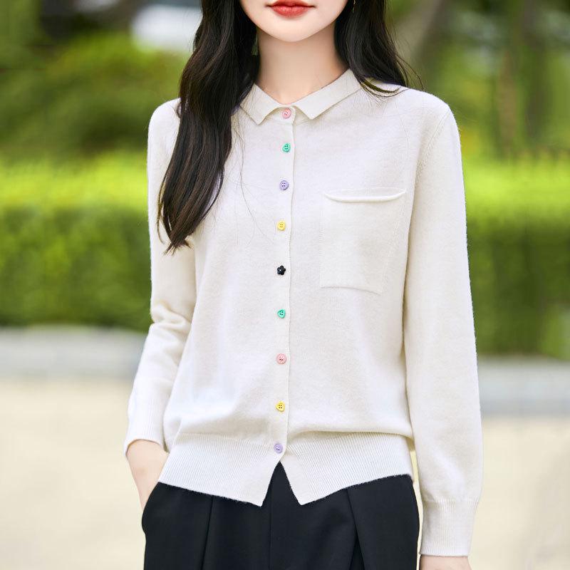 Spring/Summer 2026 Women's 100% Wool Polo Neck Long Sleeve Knit Cardigan Jacket with Colorful Buttons