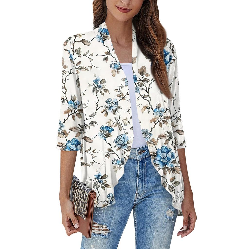Women'S Casual Daily Cropped Sleeve Printed Shirt Top Soft Drape Ruffle Cardigan