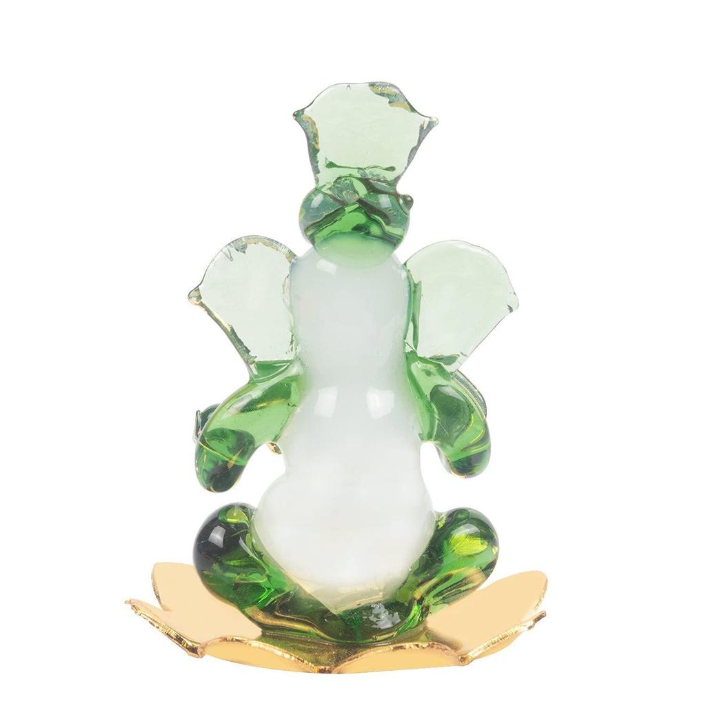 God Ganesh Sitting On Petal Statue (Murti) Idol Showpiece Handmade of Crystal Glass by for Worship, Decoration, Car Dashboard, Gift (Green), Small
