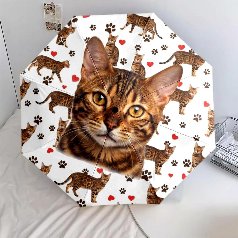 1 шт. Автоматический складной зонт - Узор с милыми кошками и кроликами, Портативный и складной дизайн с 8 спицами, Рождественские и новогодние подарки